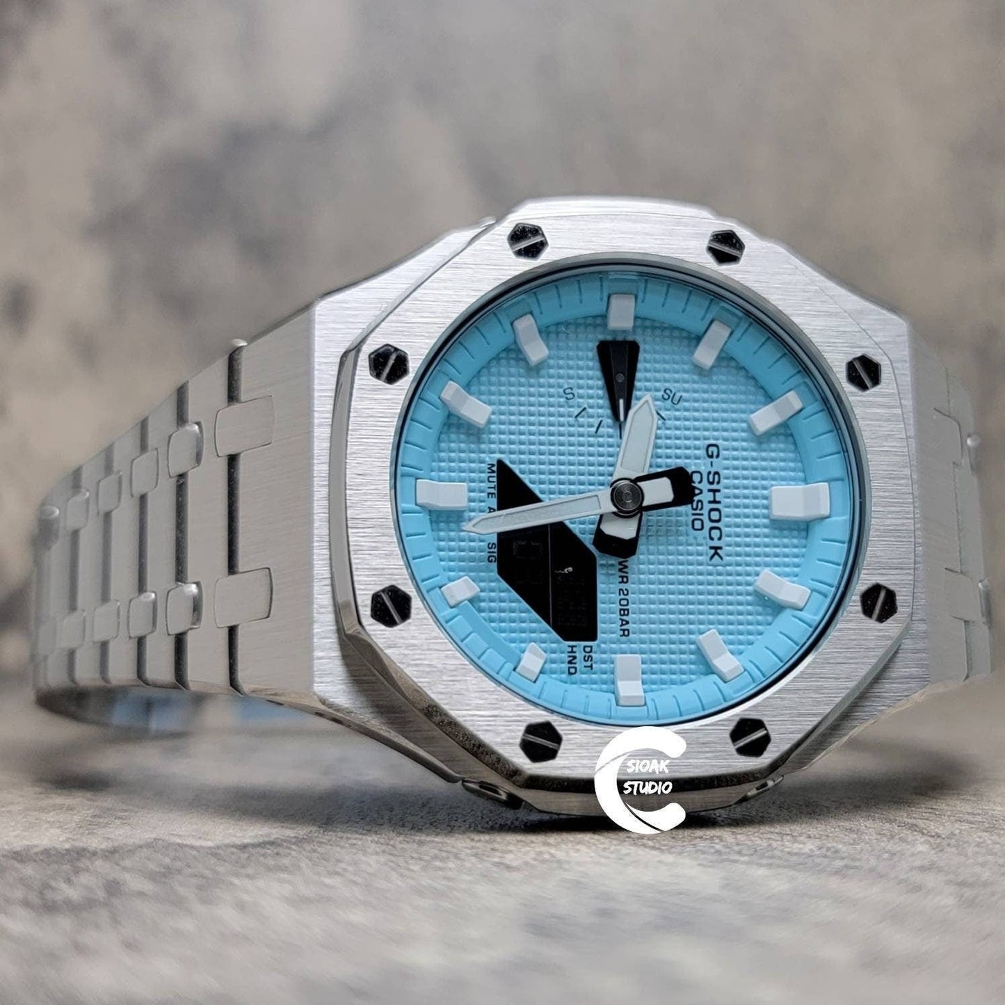 Casioak Mod Watch Silver Case Metal Strap Tiff White Time Mark Tiff Blue Dial 44mm- Casioak Mod Casio G-Shock Royal Oak Custom Mens Luxury Watches Ga2100