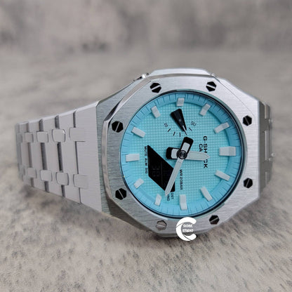 Casioak Mod Watch Silver Case Metal Strap Tiff White Time Mark Tiff Blue Dial 44mm- Casioak Mod Casio G-Shock Royal Oak Custom Mens Luxury Watches Ga2100