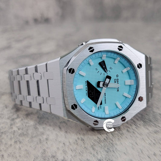 Casioak Mod Watch Silver Case Metal Strap Tiff White Time Mark Tiff Blue Dial 44mm- Casioak Mod Casio G-Shock Royal Oak Custom Mens Luxury Watches Ga2100