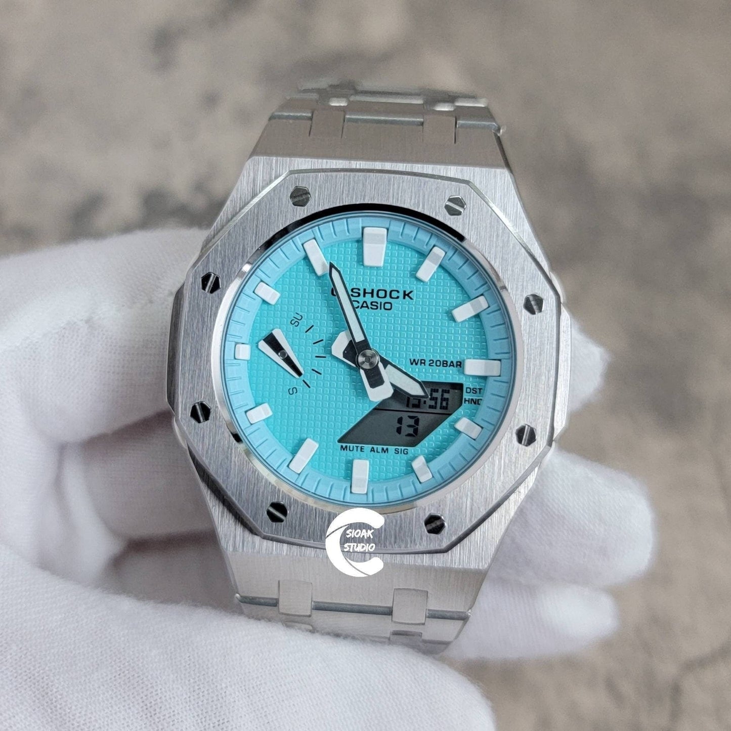 Casioak Mod Watch Silver Case Metal Strap Tiff white Time Mark Tiff Blue Dial 42mm- Casioak Mod Casio G-Shock Royal Oak Custom Mens Luxury Watches Ga2100