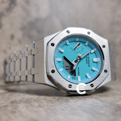 Casioak Mod Watch Silver Case Metal Strap Tiff white Time Mark Tiff Blue Dial 42mm- Casioak Mod Casio G-Shock Royal Oak Custom Mens Luxury Watches Ga2100