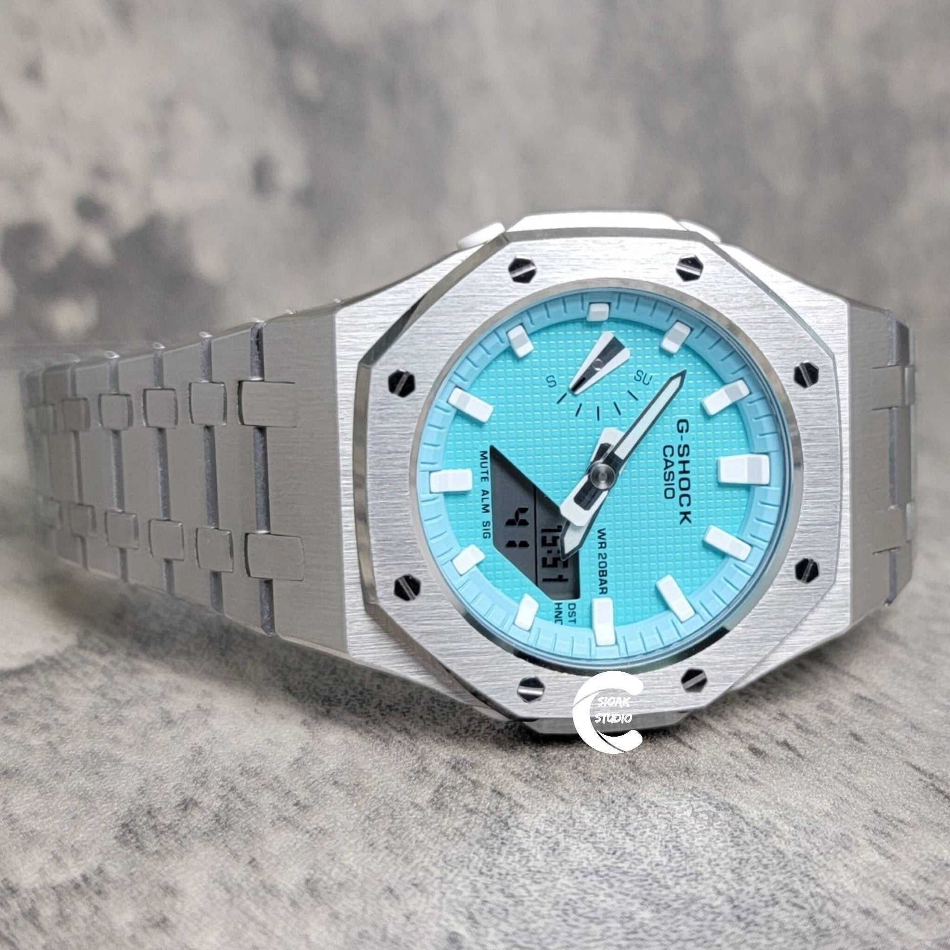 Casioak Mod Watch Silver Case Metal Strap Tiff white Time Mark Tiff Blue Dial 42mm- Casioak Mod Casio G-Shock Royal Oak Custom Mens Luxury Watches Ga2100