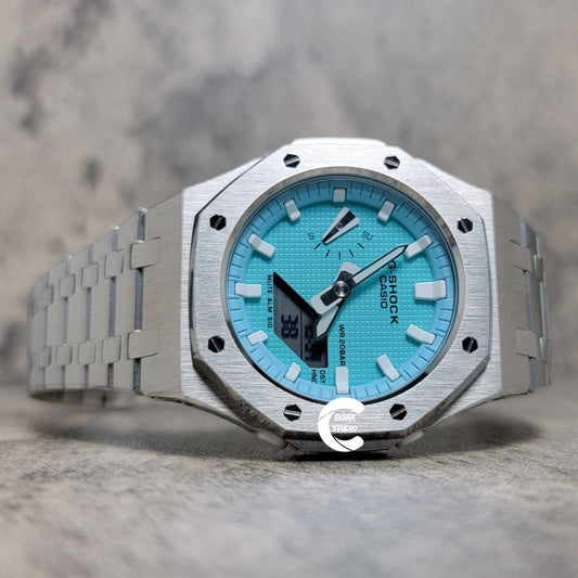 Casioak Mod Watch Silver Case Metal Strap Tiff white Time Mark Tiff Blue Dial 42mm- Casioak Mod Casio G-Shock Royal Oak Custom Mens Luxury Watches Ga2100