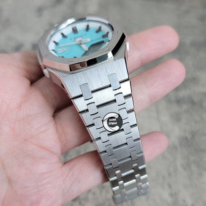 Casioak Mod Watch Silver Case Metal Strap White Black Time Mark Tiff Blue Dial 42mm- Casioak Mod Casio G-Shock Royal Oak Custom Mens Luxury Watches Ga2100