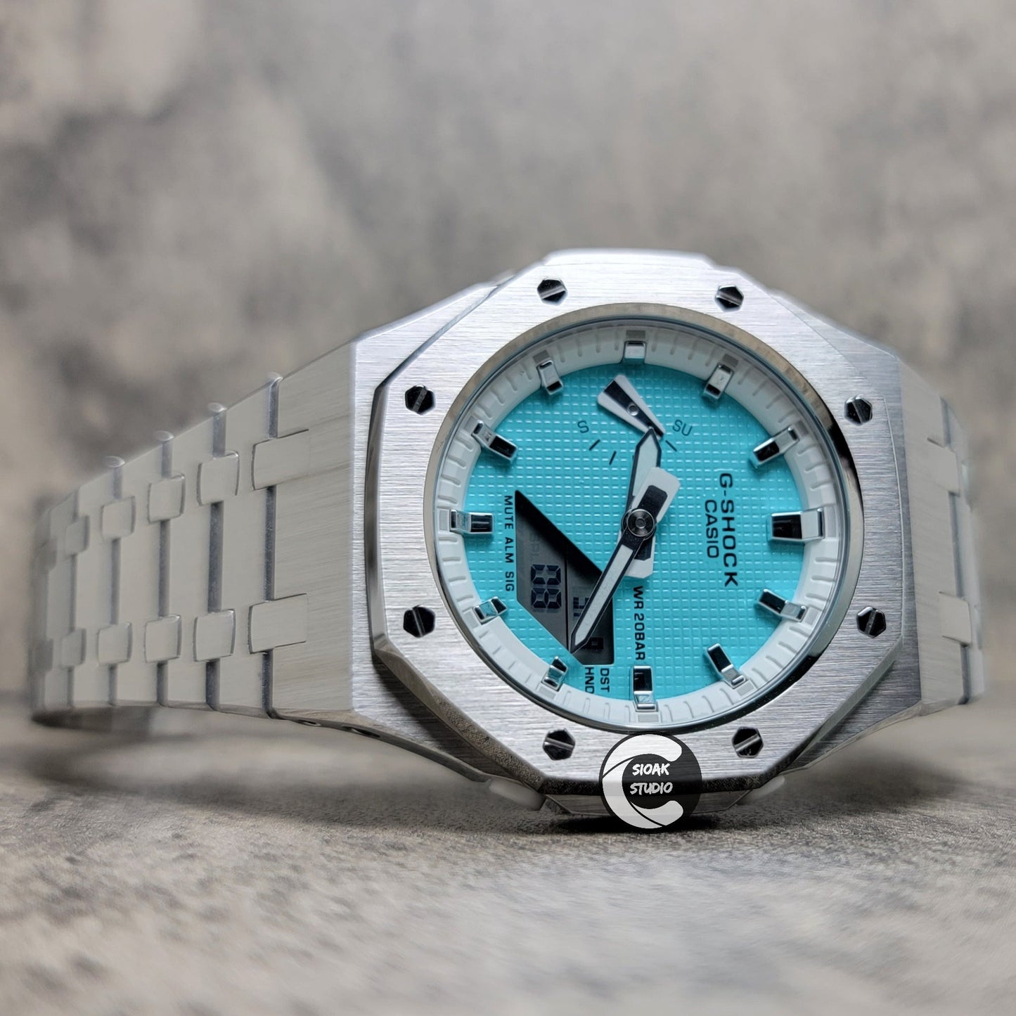 Casioak Mod Watch Silver Case Metal Strap White Silver Time Mark Tiff Blue Dial 42mm- Casioak Mod Casio G-Shock Royal Oak Custom Mens Luxury Watches Ga2100