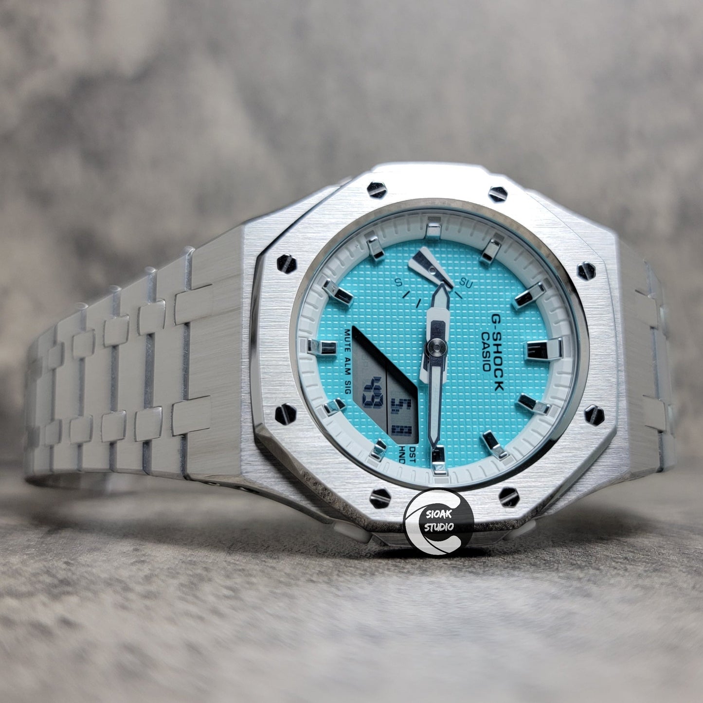 Casioak Mod Watch Silver Case Metal Strap White Silver Time Mark Tiff Blue Dial 42mm- Casioak Mod Casio G-Shock Royal Oak Custom Mens Luxury Watches Ga2100