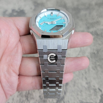 Casioak Mod Watch Silver Case Metal Strap White Silver Time Mark Tiff Blue Dial 42mm- Casioak Mod Casio G-Shock Royal Oak Custom Mens Luxury Watches Ga2100