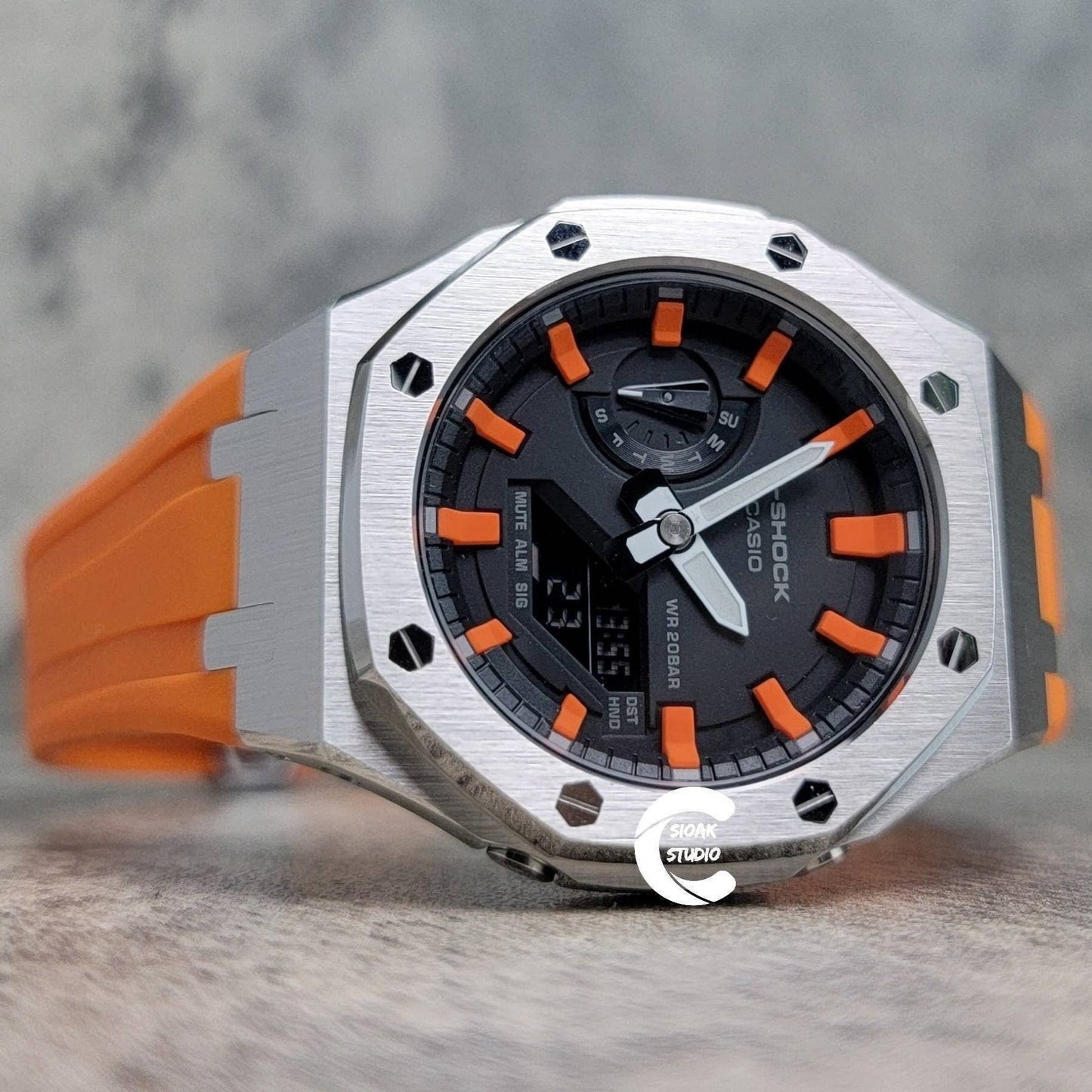 Casioak Mod Watch Silver Case Orange Rubber Strap Black Orange Time Mark Black Dial 44mm- Casioak Mod Casio G-Shock Royal Oak Custom Mens Luxury Watches Ga2100