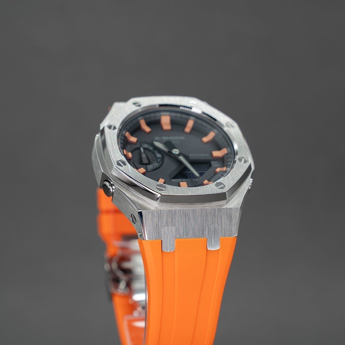 Casioak Mod Watch Silver Case Orange Rubber Strap Black Rose Gold Time Mark Black Dial 44mm- Casioak Mod Casio G-Shock Royal Oak Custom Mens Luxury Watches Ga2100