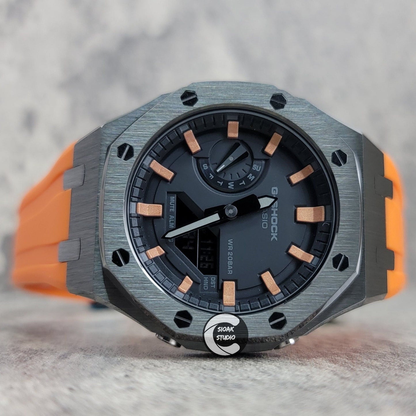 Casioak Mod Watch Silver Case Orange Rubber Strap Black Rose Gold Time Mark Black Dial 44mm- Casioak Mod Casio G-Shock Royal Oak Custom Mens Luxury Watches Ga2100