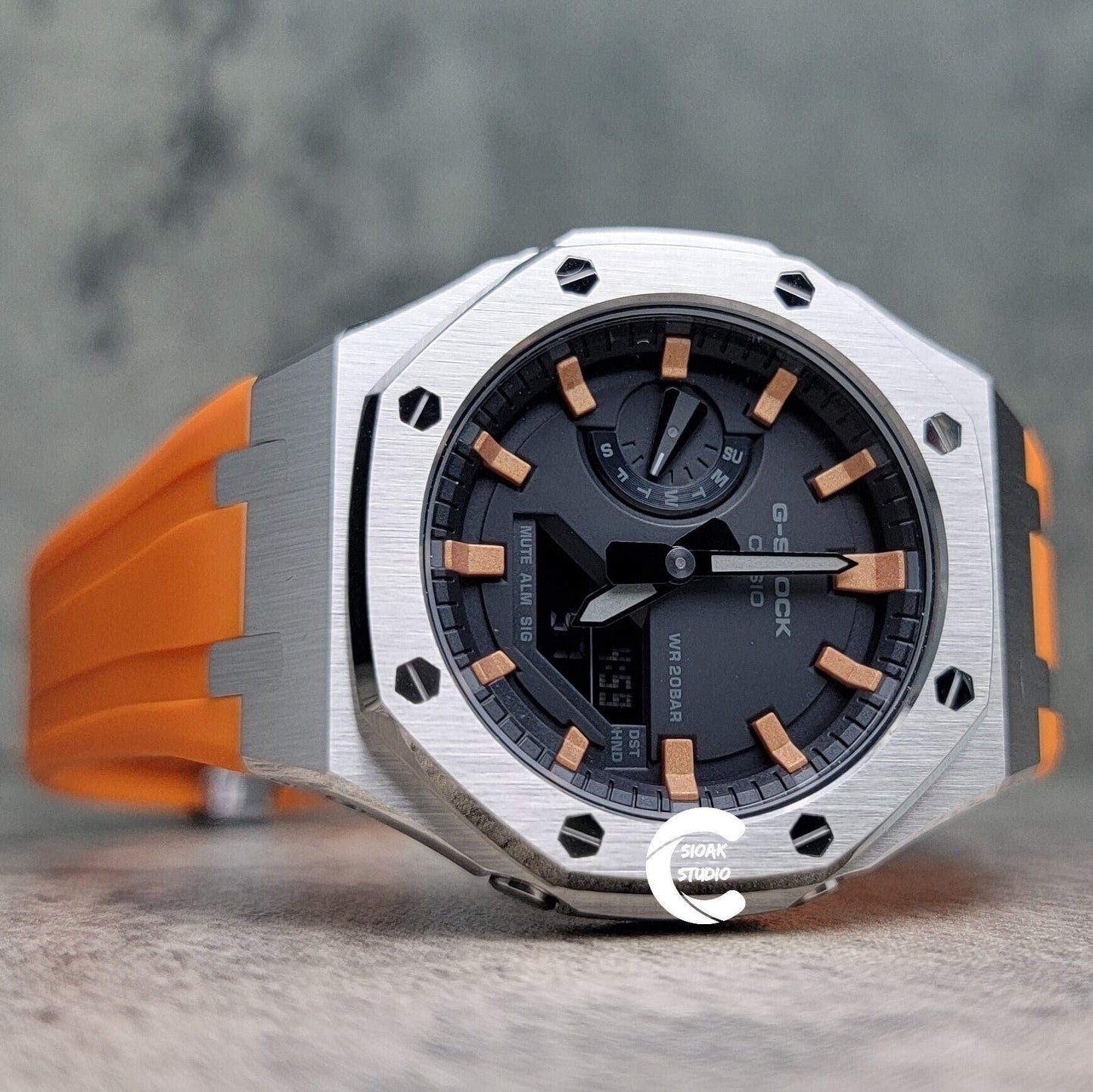 Casioak Mod Watch Silver Case Orange Rubber Strap Black Rose Gold Time Mark Black Dial 44mm- Casioak Mod Casio G-Shock Royal Oak Custom Mens Luxury Watches Ga2100