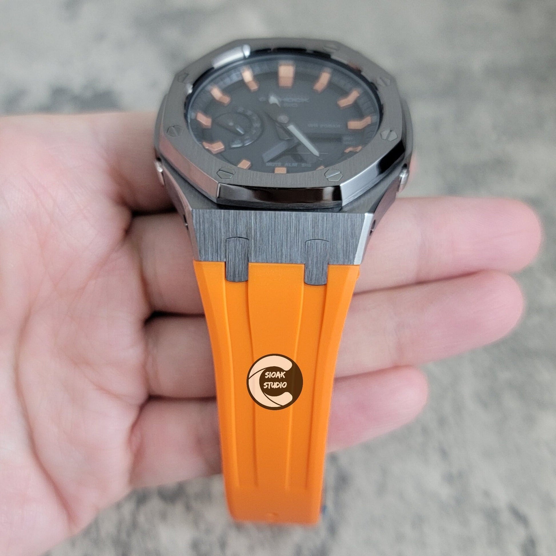 Casioak Mod Watch Silver Case Orange Rubber Strap Black Rose Gold Time Mark Black Dial 44mm- Casioak Mod Casio G-Shock Royal Oak Custom Mens Luxury Watches Ga2100