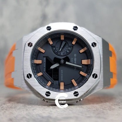 Casioak Mod Watch Silver Case Orange Rubber Strap Black Rose Gold Time Mark Black Dial 44mm- Casioak Mod Casio G-Shock Royal Oak Custom Mens Luxury Watches Ga2100