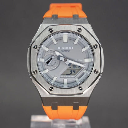 Casioak Mod Watch Silver Case Orange Rubber Strap Gray Luminous Time Mark Gray Dial 44mm- Casioak Mod Casio G-Shock Royal Oak Custom Mens Luxury Watches Ga2100