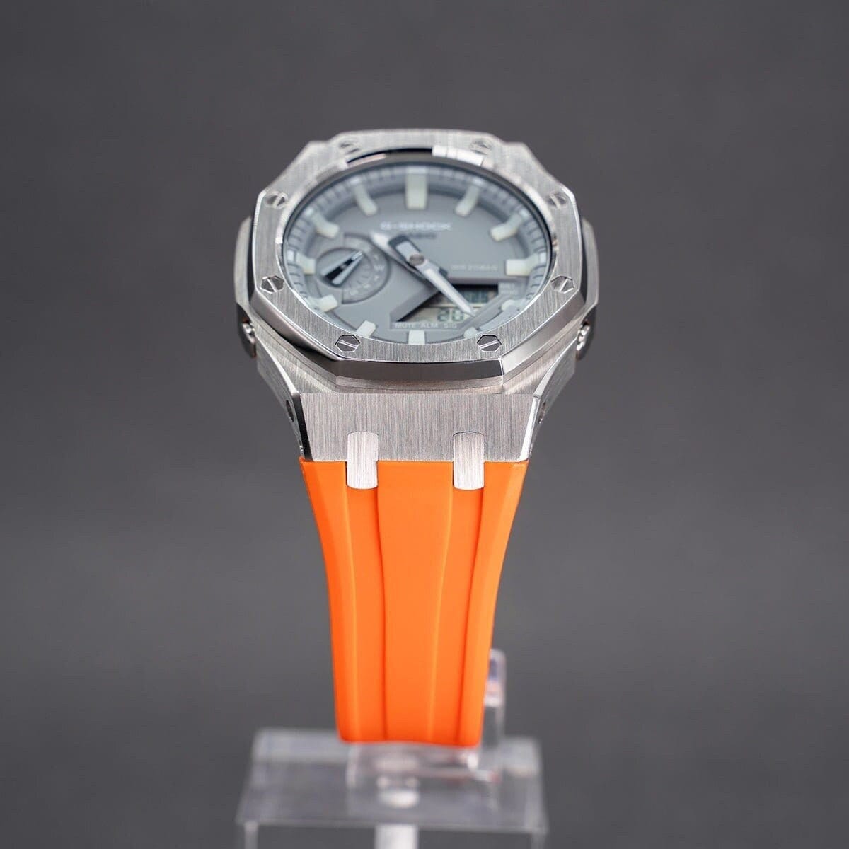 Casioak Mod Watch Silver Case Orange Rubber Strap Gray Luminous Time Mark Gray Dial 44mm- Casioak Mod Casio G-Shock Royal Oak Custom Mens Luxury Watches Ga2100