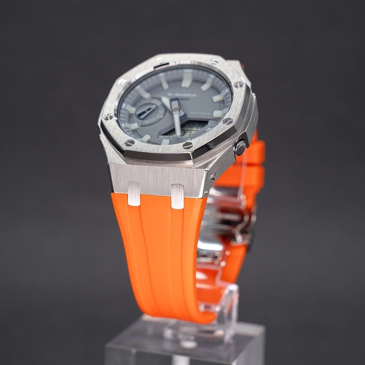 Casioak Mod Watch Silver Case Orange Rubber Strap Gray Luminous Time Mark Gray Dial 44mm- Casioak Mod Casio G-Shock Royal Oak Custom Mens Luxury Watches Ga2100