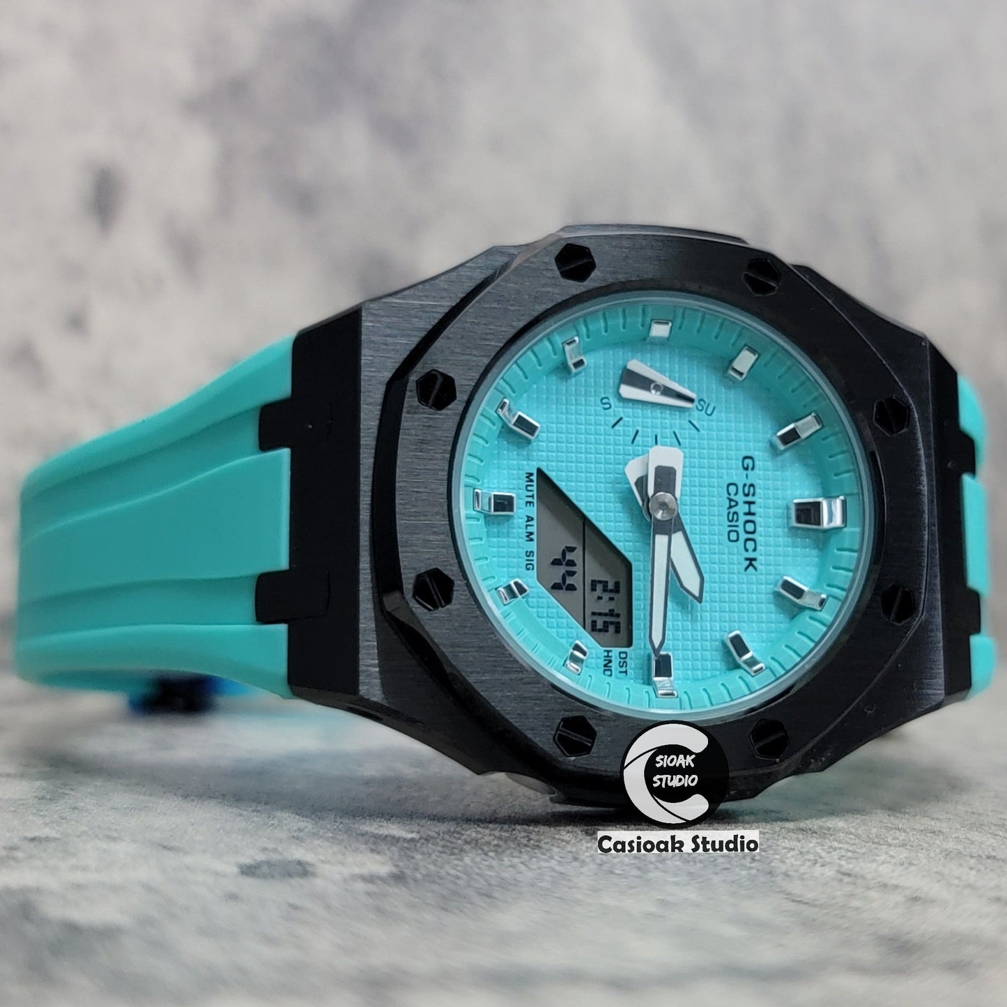 Casioak Mod Watch Silver Case Tiff Blue Rubber Strap Tiff Blue Silver Time Mark Tiff Blue Dial 42mm- Casioak Mod Casio G-Shock Royal Oak Custom Mens Luxury Watches Ga2100