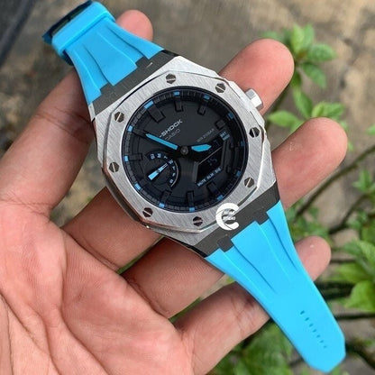 Casioak Mod Watch Silver Case Tiff Rubber Strap Black Time Mark Black Dial 44mm- Casioak Mod Casio G-Shock Royal Oak Custom Mens Luxury Watches Ga2100