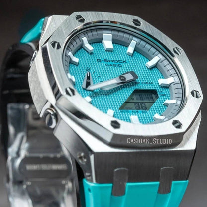 Casioak Mod Watch Silver Case Tiffany Rubber Strap Light Gray White Time Mark Tiffany Blue Dial 44mm - Casioak Studio