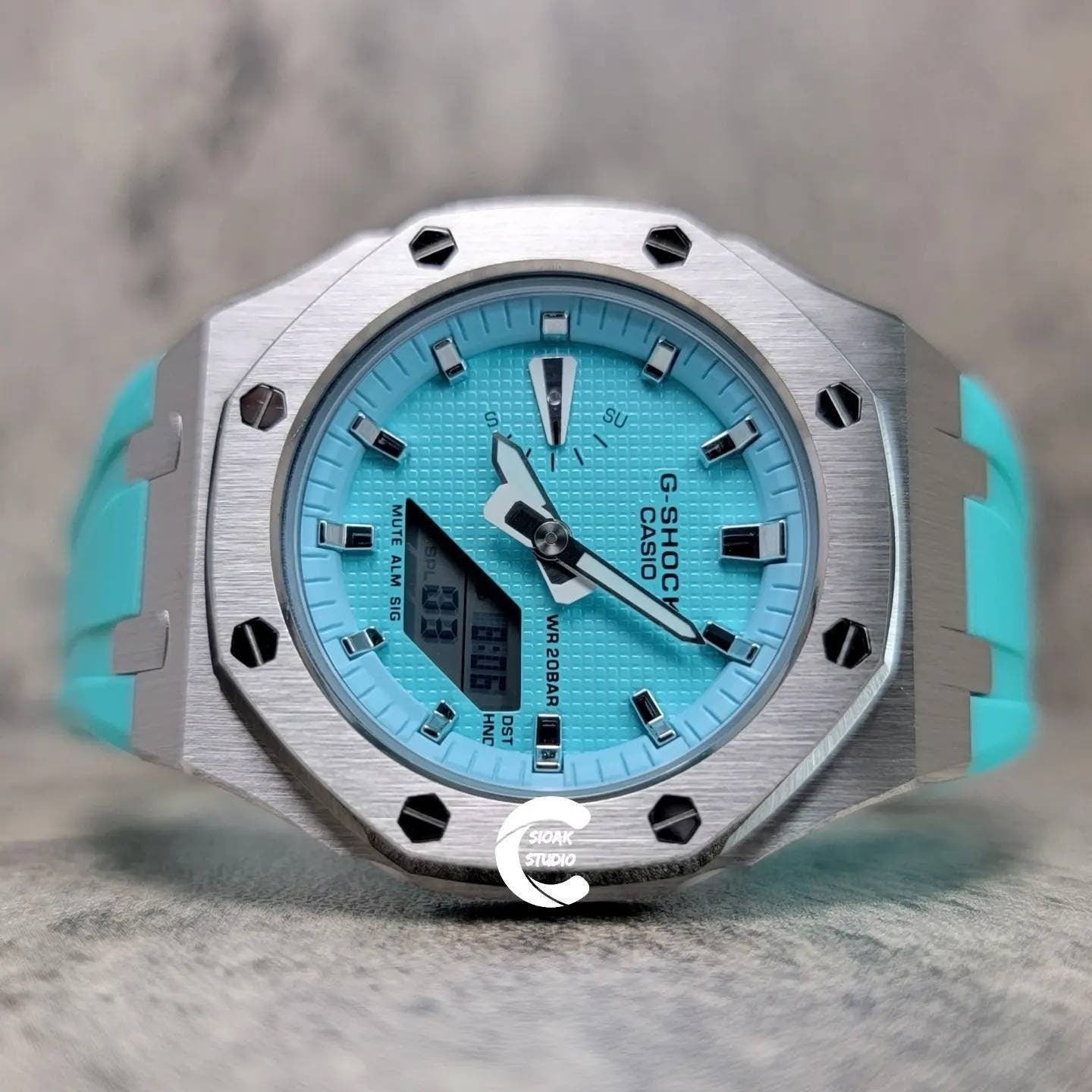 Casioak Mod Watch Silver Case Tiff Rubber Strap Tiff Silver Time Mark Tiff Blue Dial 42mm- Casioak Mod Casio G-Shock Royal Oak Custom Mens Luxury Watches Ga2100