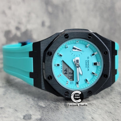 Casioak Mod Watch Silver Case Tiff Rubber Strap Tiff Silver Time Mark Tiff Blue Dial 42mm- Casioak Mod Casio G-Shock Royal Oak Custom Mens Luxury Watches Ga2100