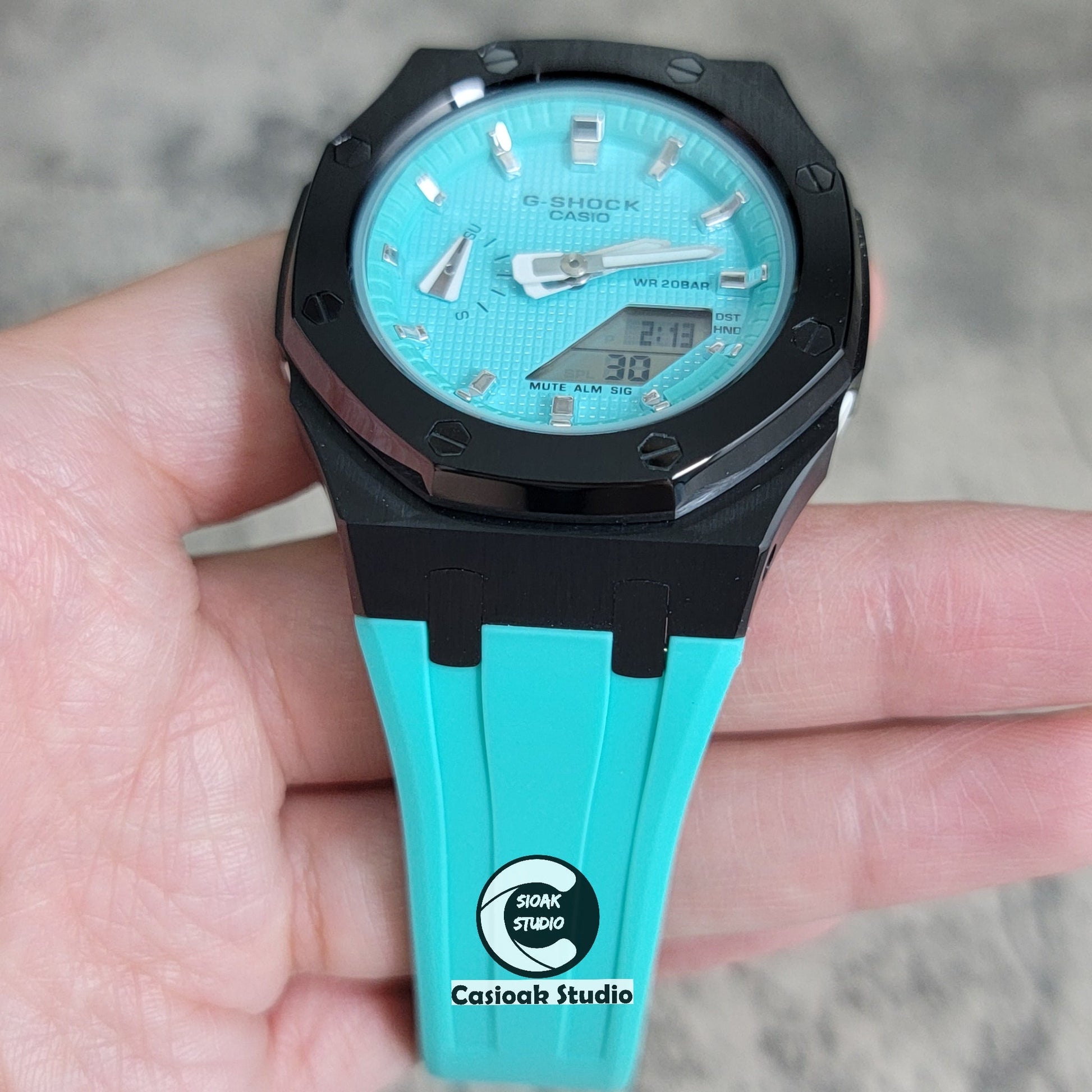 Casioak Mod Watch Silver Case Tiff Rubber Strap Tiff Silver Time Mark Tiff Blue Dial 42mm- Casioak Mod Casio G-Shock Royal Oak Custom Mens Luxury Watches Ga2100