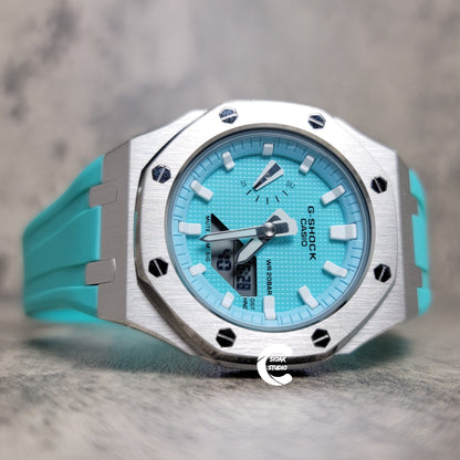 Casioak Mod Watch Silver Case Tiff Rubber Strap Tiff White Time Mark Tiff Blue Dial 42mm- Casioak Mod Casio G-Shock Royal Oak Custom Mens Luxury Watches Ga2100