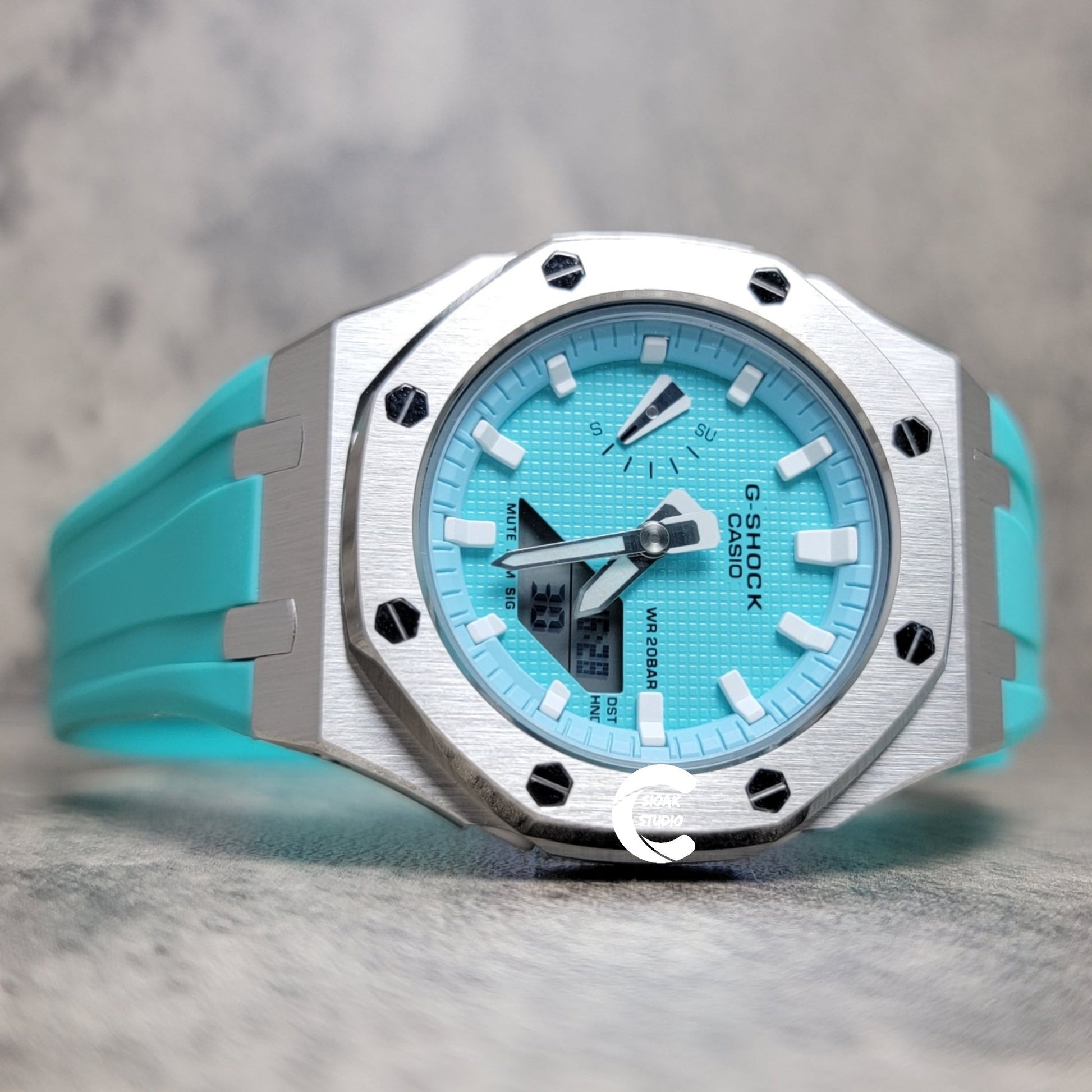 Casioak Mod Watch Silver Case Tiff Rubber Strap Tiff White Time Mark Tiff Blue Dial 42mm- Casioak Mod Casio G-Shock Royal Oak Custom Mens Luxury Watches Ga2100