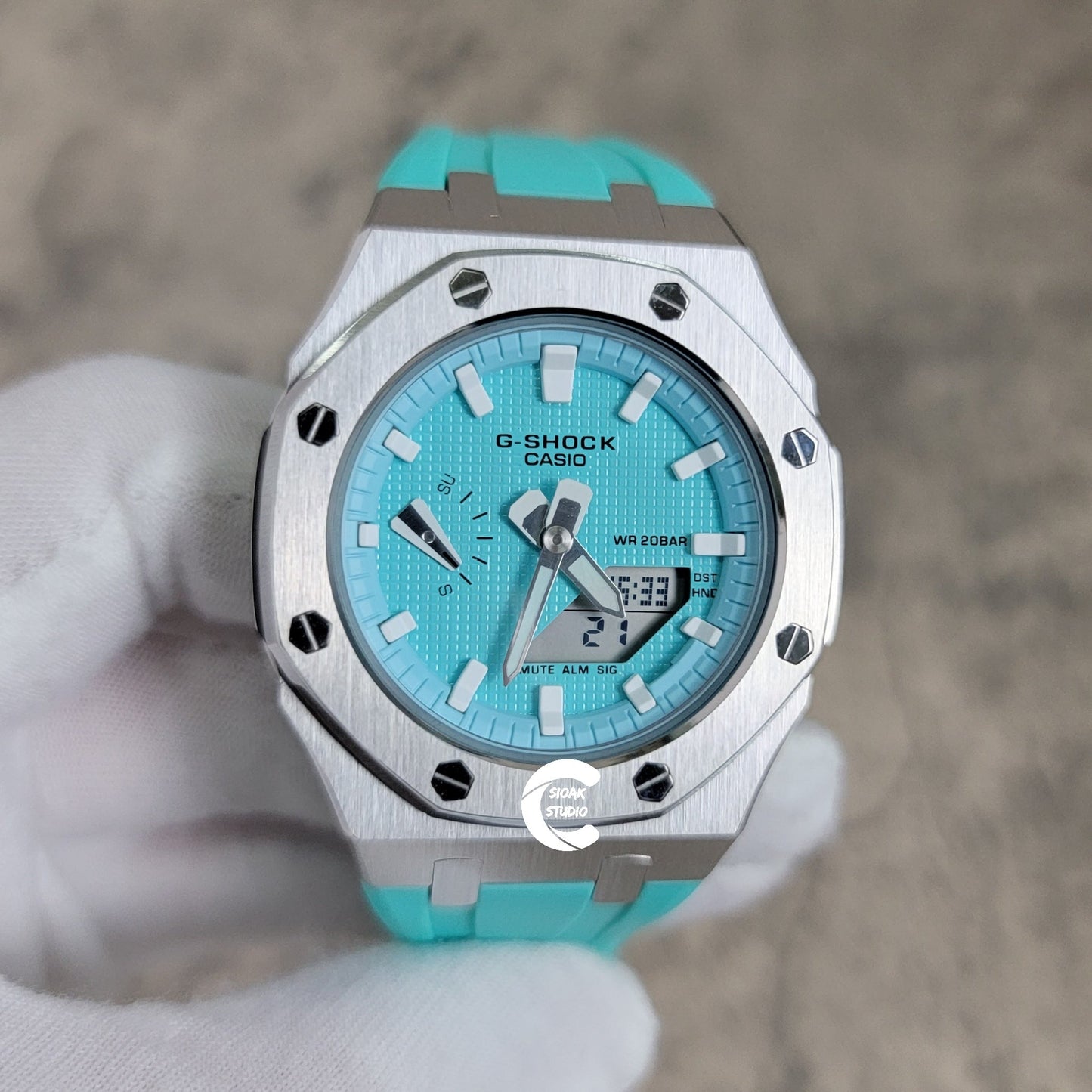 Casioak Mod Watch Silver Case Tiff Rubber Strap Tiff White Time Mark Tiff Blue Dial 42mm- Casioak Mod Casio G-Shock Royal Oak Custom Mens Luxury Watches Ga2100