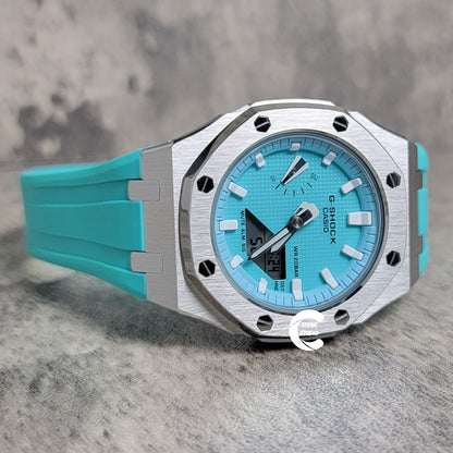 Casioak Mod Watch Silver Case Tiff Rubber Strap Tiff White Time Mark Tiff Blue Dial 42mm- Casioak Mod Casio G-Shock Royal Oak Custom Mens Luxury Watches Ga2100