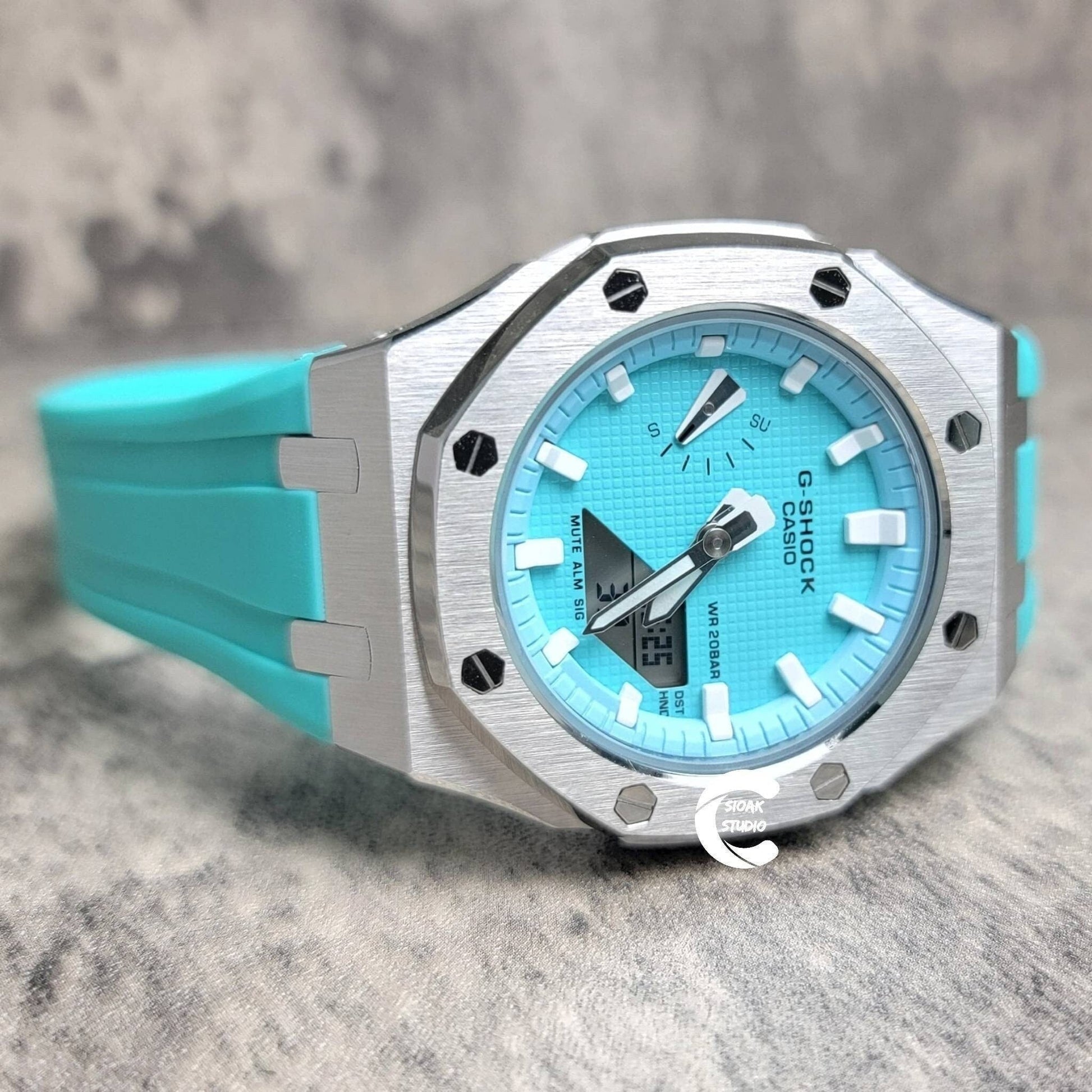 Casioak Mod Watch Silver Case Tiffany Rubber Strap Tiffany White Time Mark Tifdny Blue Dial 42mm - Casioak Studio