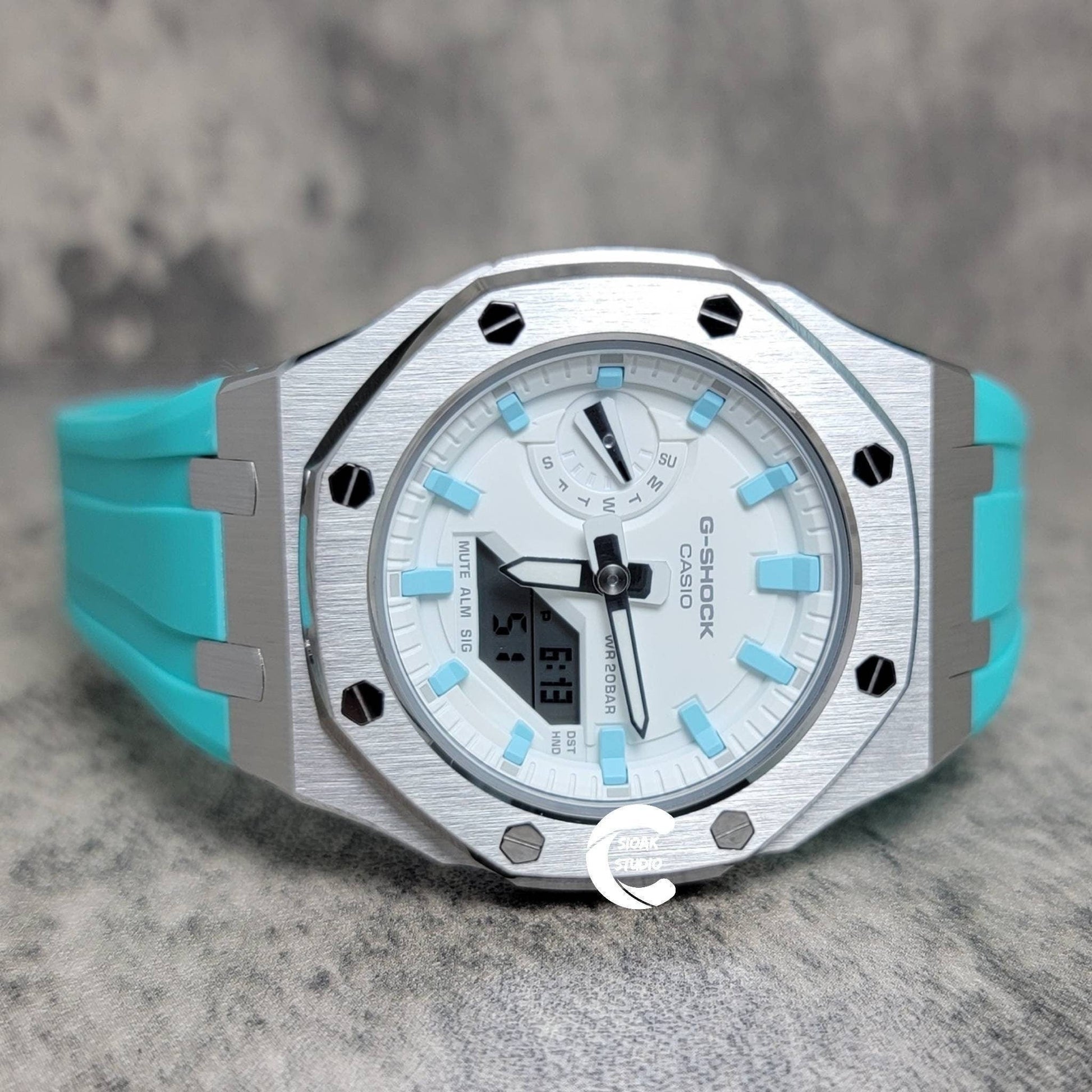 Casioak Mod Watch Silver Case Tiff Rubber Strap White Blue Time Mark White Dial 42mm- Casioak Mod Casio G-Shock Royal Oak Custom Mens Luxury Watches Ga2100