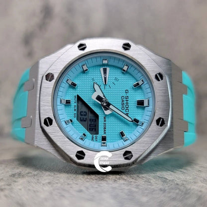 Casioak Mod Watch Silver Case Tiffany Rubber Strap Tiffany Silver Time Mark Tiffany Blue Dial 42mm- Casioak Mod Casio G-Shock Royal Oak Custom Mens Luxury Watches Ga2100