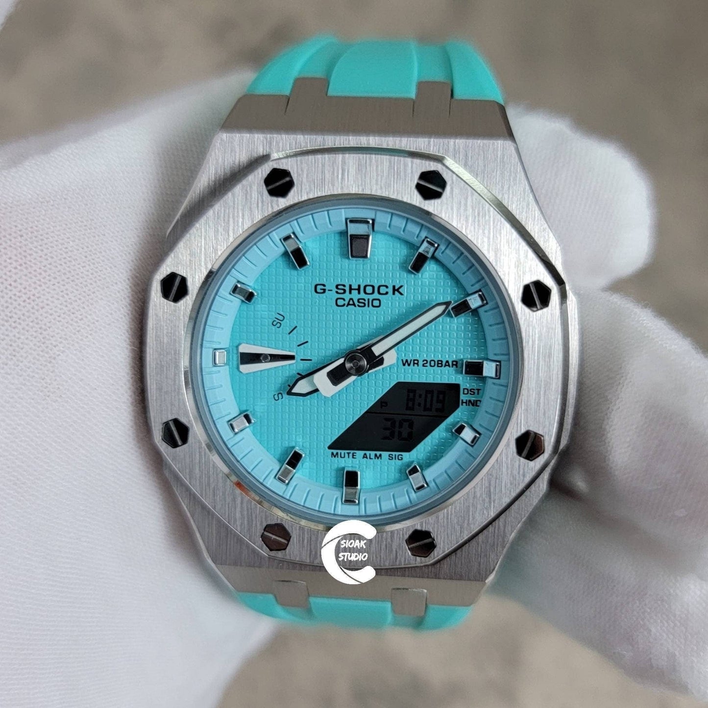 Casioak Mod Watch Silver Case Tiffany Rubber Strap Tiffany Silver Time Mark Tiffany Blue Dial 42mm- Casioak Mod Casio G-Shock Royal Oak Custom Mens Luxury Watches Ga2100