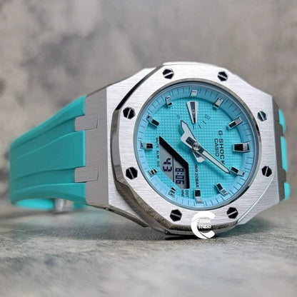 Casioak Mod Watch Silver Case Tiffany Rubber Strap Tiffany Silver Time Mark Tiffany Blue Dial 42mm- Casioak Mod Casio G-Shock Royal Oak Custom Mens Luxury Watches Ga2100