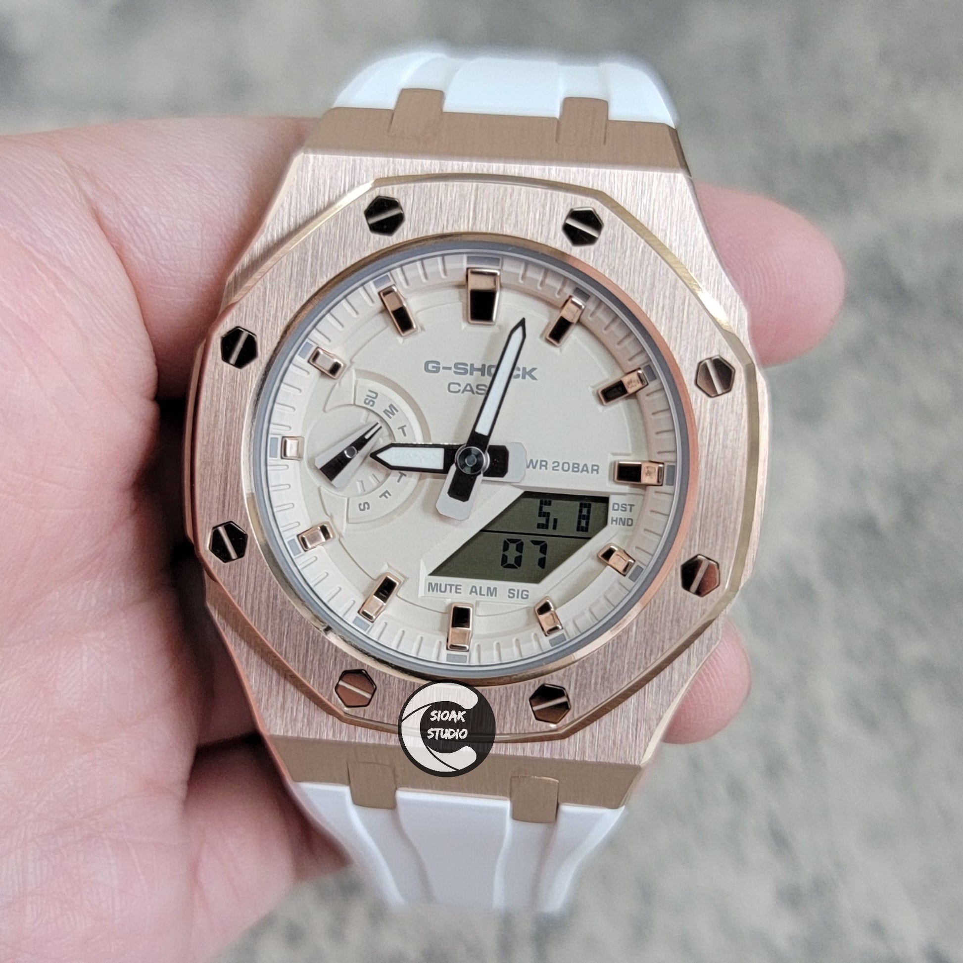 Casioak Mod Watch Silver Case White Rubber Strap Beige Rose Gold Time Mark Beige Dial 42mm- Casioak Mod Casio G-Shock Royal Oak Custom Mens Luxury Watches Ga2100