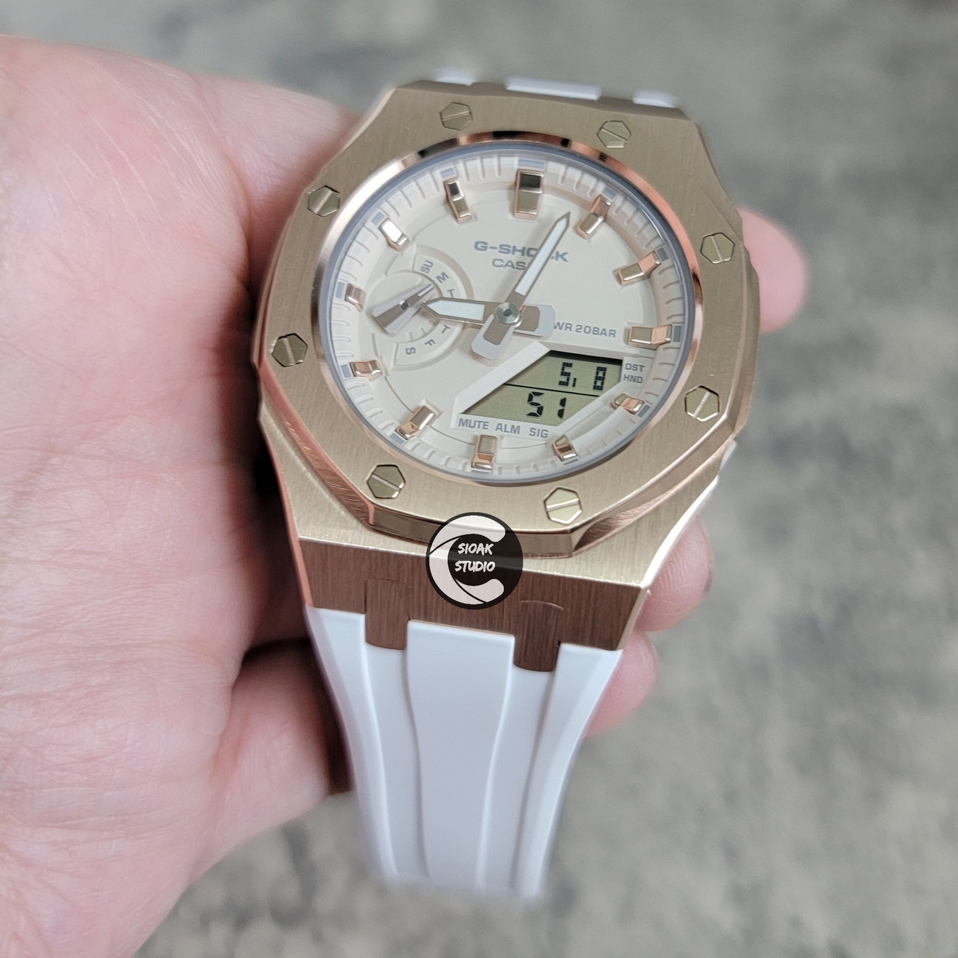 Casioak Mod Watch Silver Case White Rubber Strap Beige Rose Gold Time Mark Beige Dial 42mm- Casioak Mod Casio G-Shock Royal Oak Custom Mens Luxury Watches Ga2100