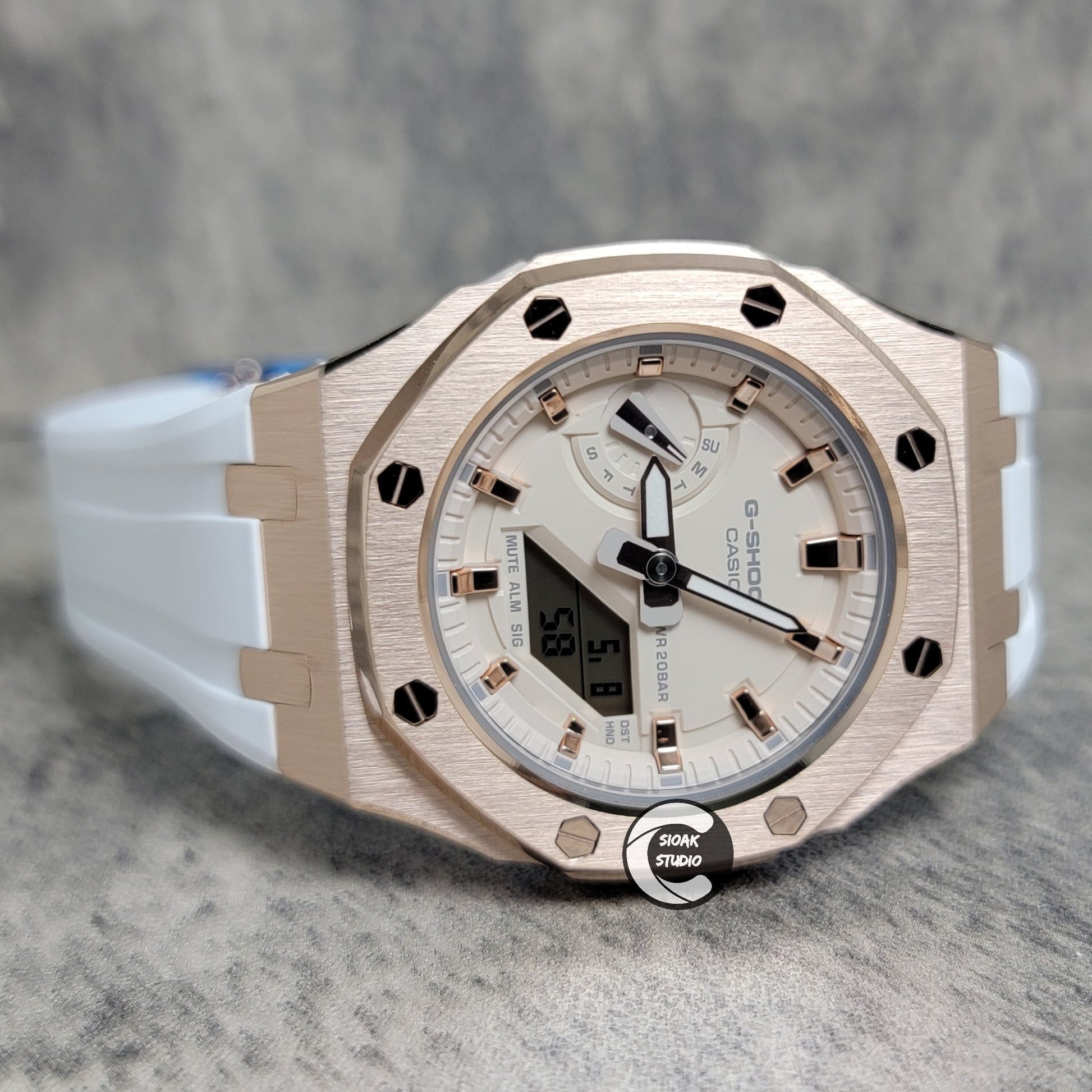 Casioak Mod Watch Silver Case White Rubber Strap Beige Rose Gold Time Mark Beige Dial 42mm- Casioak Mod Casio G-Shock Royal Oak Custom Mens Luxury Watches Ga2100