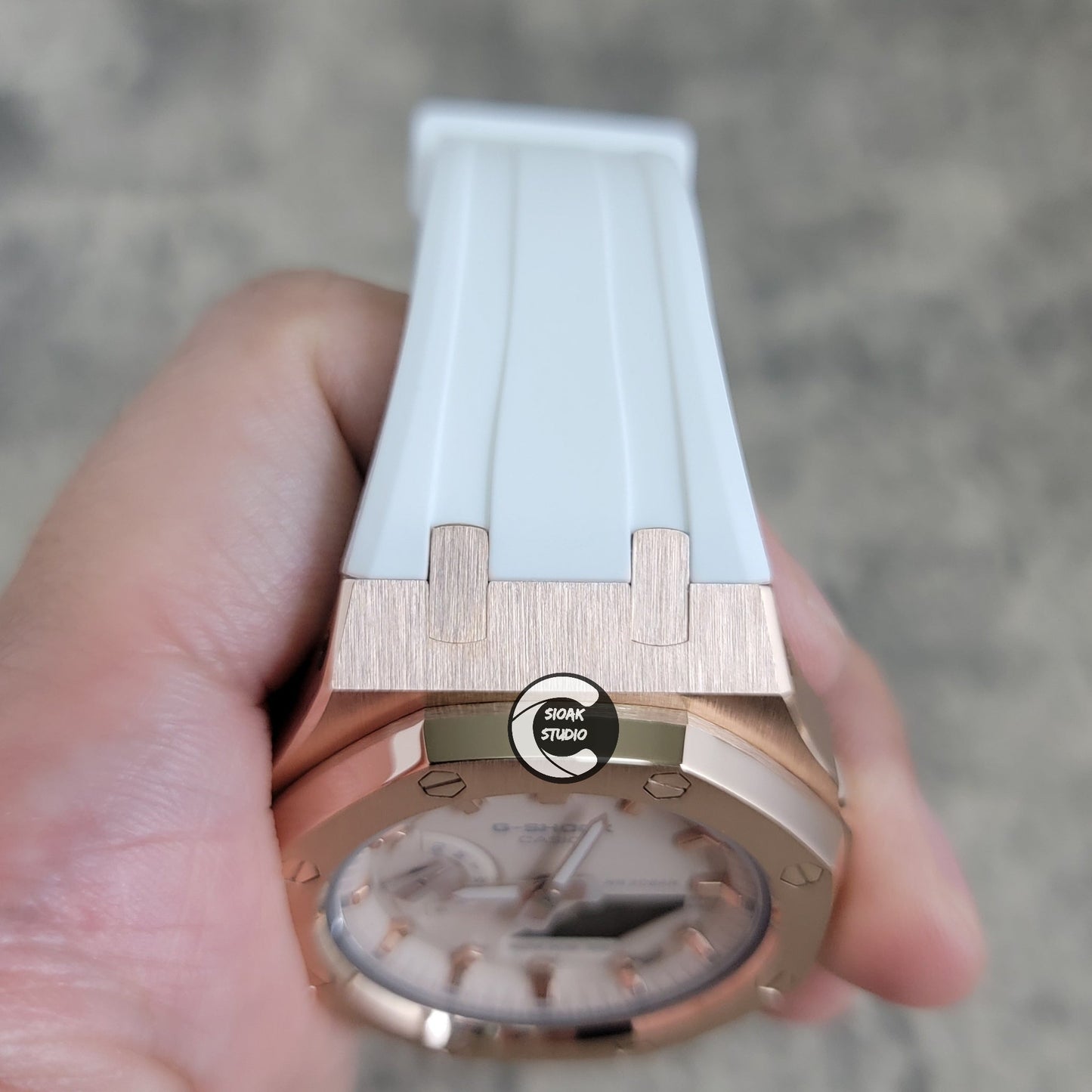 Casioak Mod Watch Silver Case White Rubber Strap Beige Rose Gold Time Mark Beige Dial 42mm- Casioak Mod Casio G-Shock Royal Oak Custom Mens Luxury Watches Ga2100