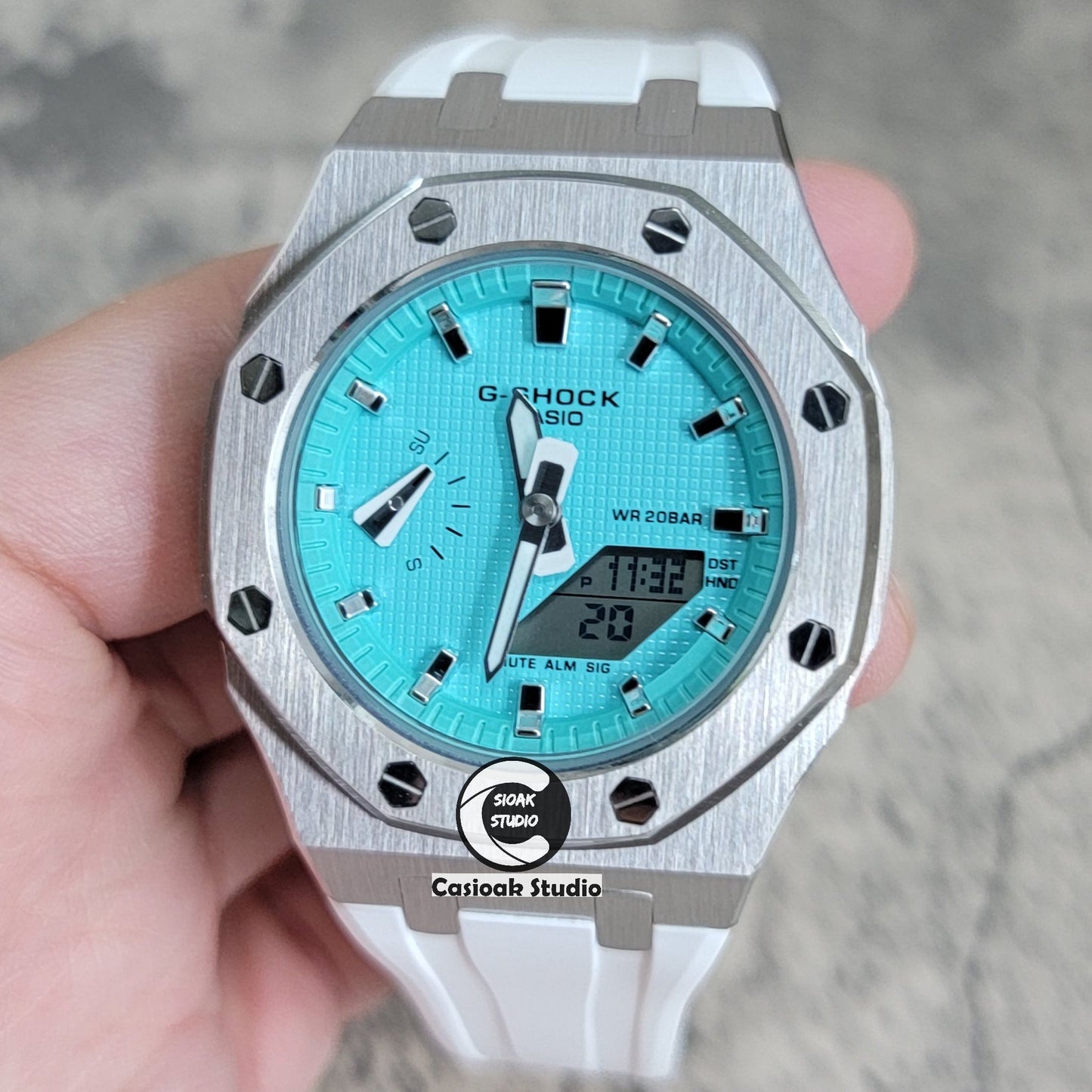 Casioak Mod Watch Silver Case White Rubber Strap Tiff Blue Silver Time Mark Tiff Blue Dial 42mm- Casioak Mod Casio G-Shock Royal Oak Custom Mens Luxury Watches Ga2100