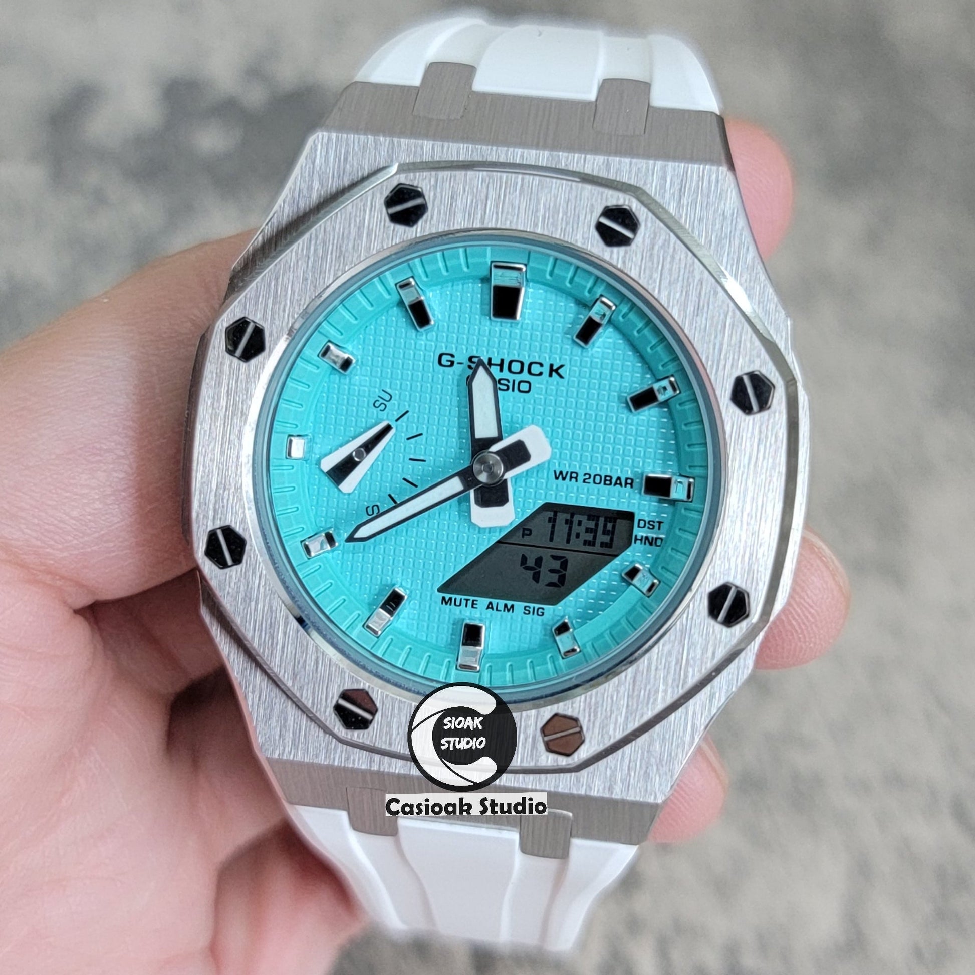 Casioak Mod Watch Silver Case White Rubber Strap Tiff Blue Silver Time Mark Tiff Blue Dial 42mm- Casioak Mod Casio G-Shock Royal Oak Custom Mens Luxury Watches Ga2100