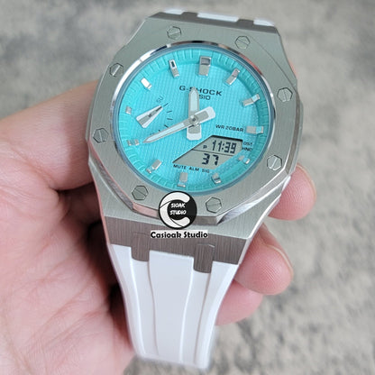 Casioak Mod Watch Silver Case White Rubber Strap Tiff Blue Silver Time Mark Tiff Blue Dial 42mm- Casioak Mod Casio G-Shock Royal Oak Custom Mens Luxury Watches Ga2100