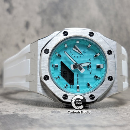 Casioak Mod Watch Silver Case White Rubber Strap Tiff Silver Time Mark Tiff Blue Dial 42mm 99999- Casioak Mod Casio G-Shock Royal Oak Custom Mens Luxury Watches Ga2100