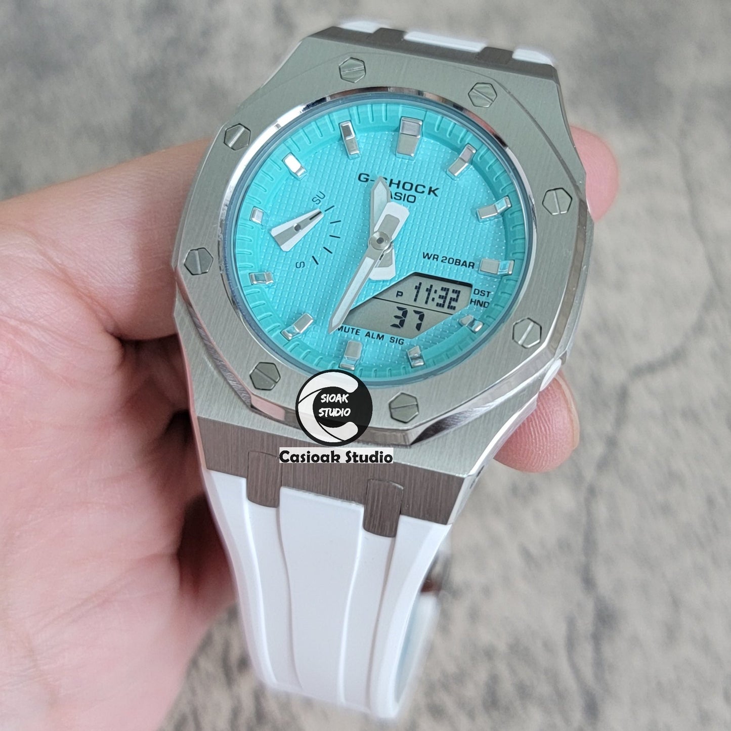 Casioak Mod Watch Silver Case White Rubber Strap Tiff Silver Time Mark Tiff Blue Dial 42mm- Casioak Mod Casio G-Shock Royal Oak Custom Mens Luxury Watches Ga2100