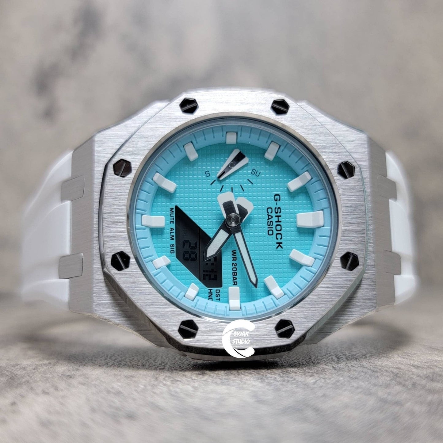 Casioak Mod Watch Silver Case White Rubber Strap Tiff White Time Mark Tiff Blue Dial 42mm- Casioak Mod Casio G-Shock Royal Oak Custom Mens Luxury Watches Ga2100