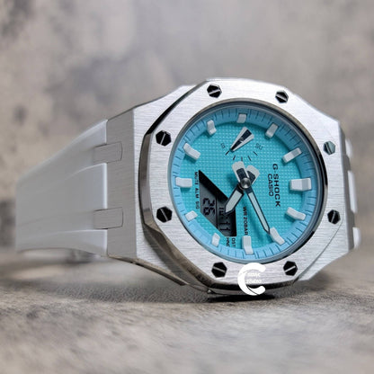 Casioak Mod Watch Silver Case White Rubber Strap Tiff White Time Mark Tiff Blue Dial 42mm- Casioak Mod Casio G-Shock Royal Oak Custom Mens Luxury Watches Ga2100