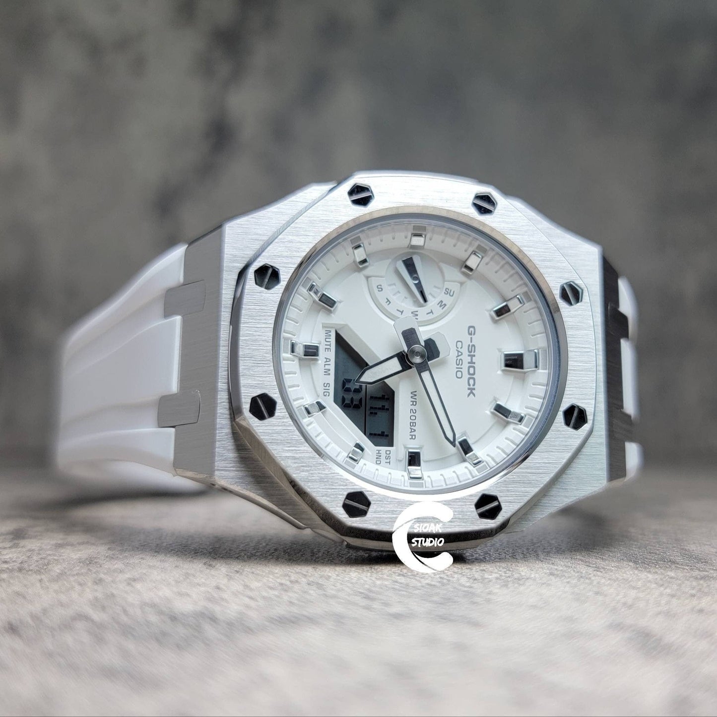 Casioak Mod Watch Silver Case White Rubber Strap White Silver Time Mark White Dial 42mm- Casioak Mod Casio G-Shock Royal Oak Custom Mens Luxury Watches Ga2100