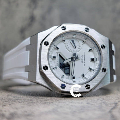 Casioak Mod Watch Silver Case White Rubber Strap White Silver Time Mark White Dial 42mm- Casioak Mod Casio G-Shock Royal Oak Custom Mens Luxury Watches Ga2100