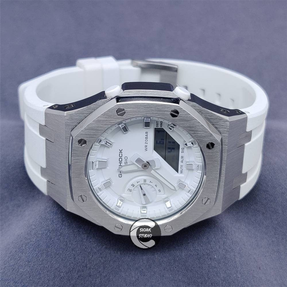 Casioak Mod Watch Silver Case White Rubber Strap White Silver Time Mark Whote Dial 42mm- Casioak Mod Casio G-Shock Royal Oak Custom Mens Luxury Watches Ga2100