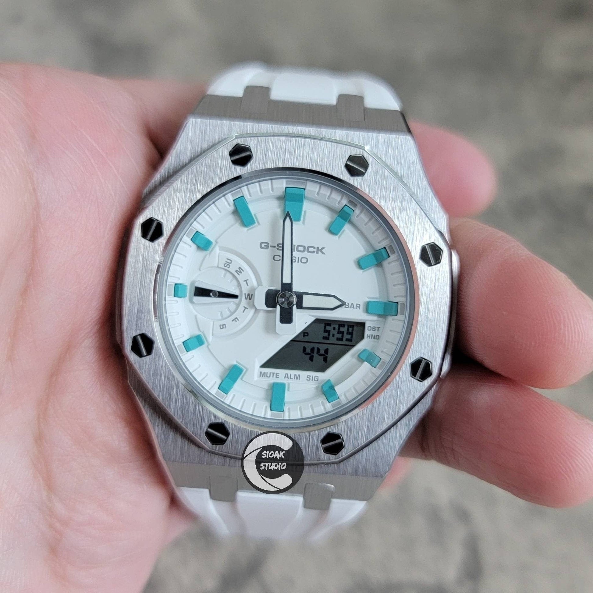 Casioak Mod Watch Silver Case White Rubber Strap White Tiff Time Mark White Dial 42mm- Casioak Mod Casio G-Shock Royal Oak Custom Mens Luxury Watches Ga2100